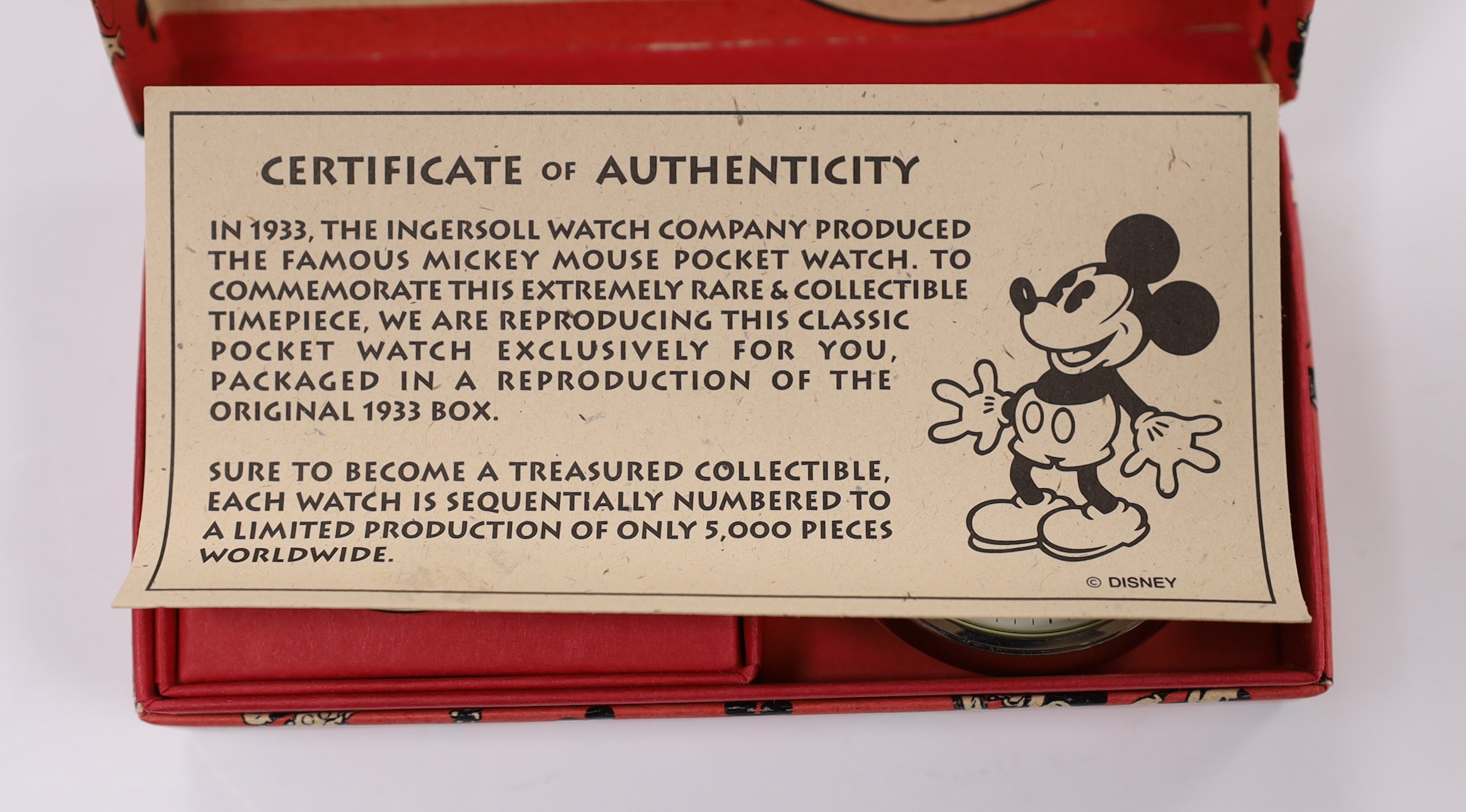A boxed limited edition Ingersoll Watch Company Mickey Mouse pocket watch and medallion, numbered 4013/5000, case diameter 44mm.